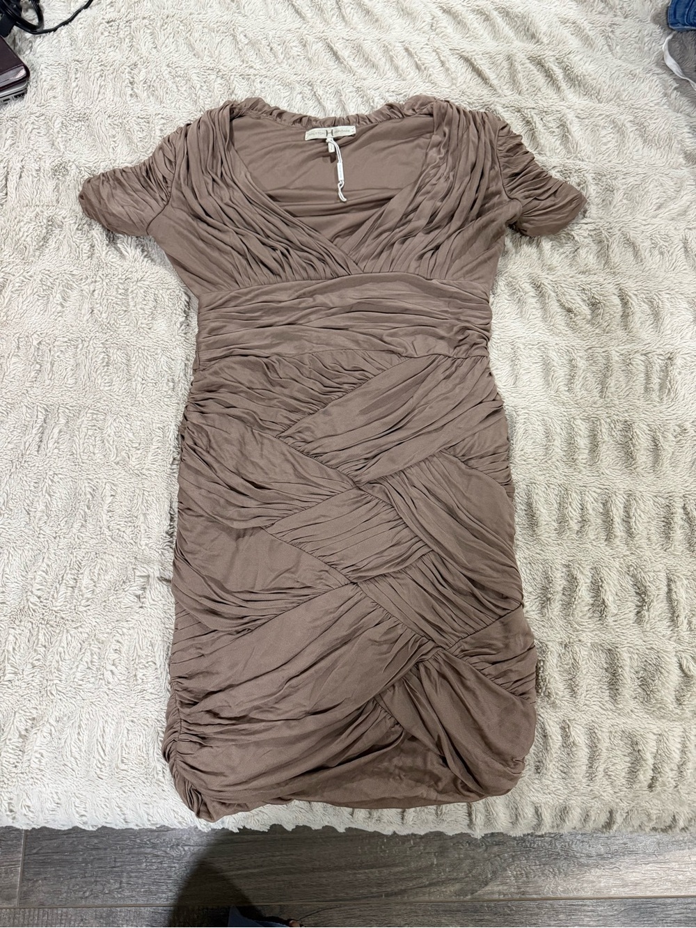 Halston Heritage Taupe Ruched V-Neck Mini Dress